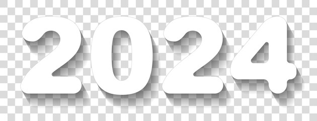 2024 with rounded corners in cut of paper style. Happy New Year. White icon with shadow on transparent background. - obrazy, fototapety, plakaty