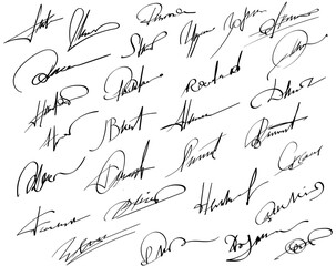 Collection of fictitious contract signatures. Autograph illustration. - obrazy, fototapety, plakaty