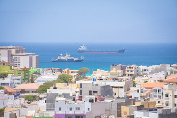 Fototapeta na wymiar Landscape View to the main port and tankers of Mindelo on the island of Sao Vicente, Cape Verde Islands
