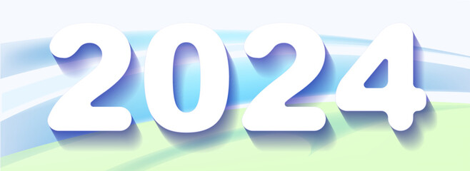 2024 with rounded corners in cut of paper style. Happy New Year. White icon with shadow on gentle colors background.