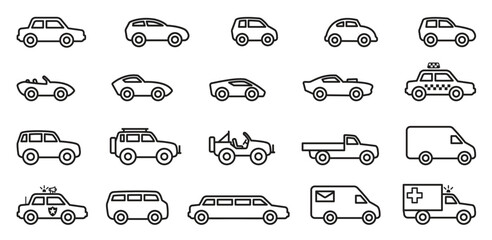 various cars simple outline silhouette set