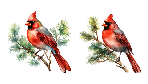 Red cardinal, winter, watercolor clipart illustration with isolated background