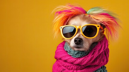 Dog with a scarf and sunglasses on bright colored background with copy space