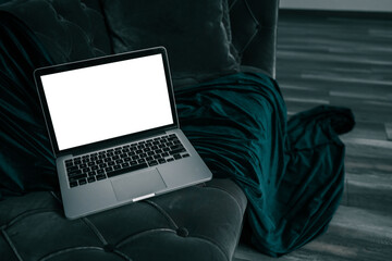 computer screen blank mockup.hand woman work using laptop with white background for advertising. marketing and creative design