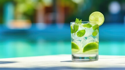 Fresh summer drink with lime and mint, tropical paradise resort background, swimming pool background, bokeh, summer, bright sunlight. Drinking, relaxing,