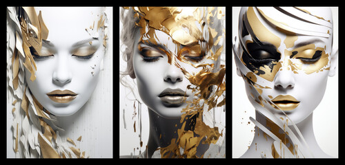 Set of female surreal art posters, abstract black white and golden modern woman concept art