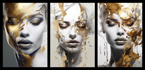 Set of female surreal art posters, abstract black white and golden modern woman concept art