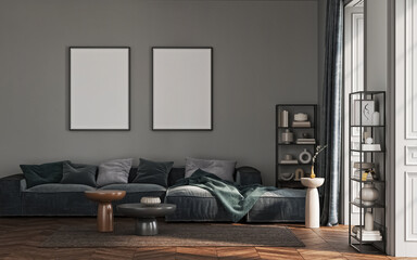 Interior design, mock up poster in living room design, 3d illustration 