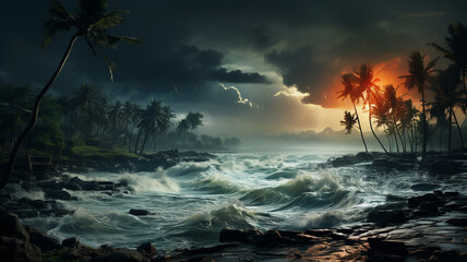 Gloomy tropical stormy ocean on the tropic shore - obrazy, fototapety, plakaty