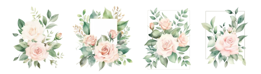 Fotobehang Watercolor flower bouquets set. Floral frame with rose llustration isolated on transparent background © innluga