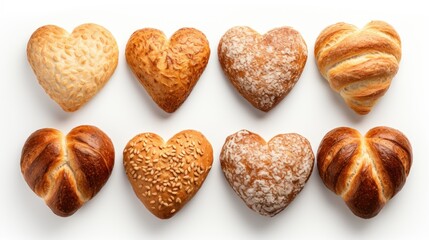 Heart shaped buns with sesame and sunflower seeds isolated on white