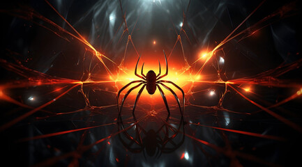 A spider silhouetted against a vibrant, orange glowing neon-lit digital grid.