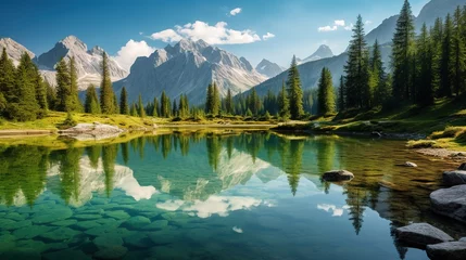Foto op Plexiglas A serene mountain landscape with a reflective lake, surrounded by picturesque mountains and trees, illustrating nature's serene beauty © DZMITRY