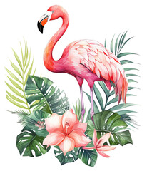 Watercolor  of Pink flamingo and Tropical Flowers, isolated on white. AI generated Illustration.