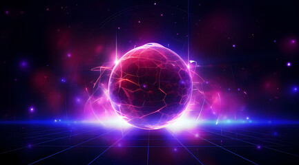 A vibrant sphere formed by abstract purple laser lights on a dark background.