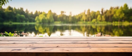 The empty wooden table top with blur background of summer lakes green forest - obrazy, fototapety, plakaty