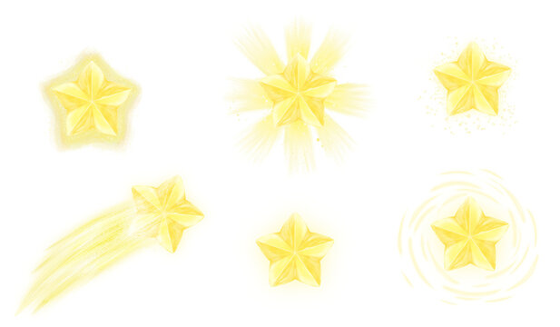 Set de ilustraciones de estrellas resplandecientes amarillas de cinco puntas aisladas, estrella de Belen, Estrella fugaz, navidad, diciembre