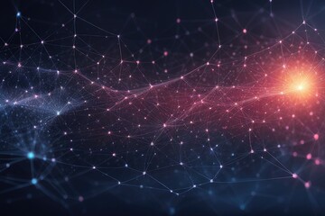 Abstract technology background with a cyber network grid and connected particles. Artificial neurons, global data connections