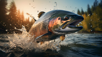 Wild chinook salmon fish jumping out of river water in a forest - obrazy, fototapety, plakaty