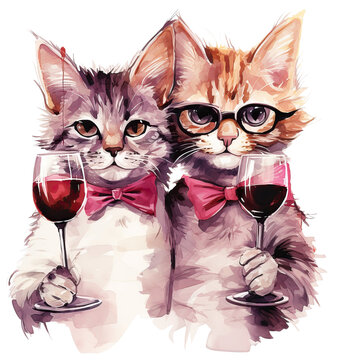 Watercolor Image of  Two Happy Cats with Wine Glasses, isolated on white . AI generated Illustration.