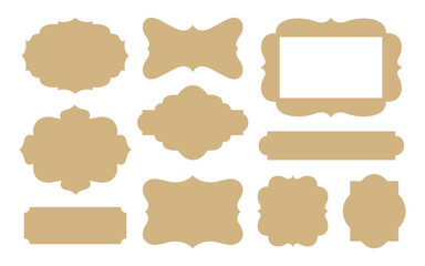 Retro labels cut file. Vintage tag templates. Vector insignia for wine badge, food label, sale sticker, holiday gift card tags. Old-fashioned ornate die-cut shapes for cardboard, paper, scrapbooking.