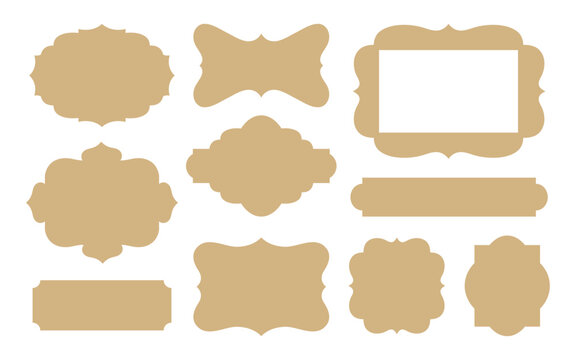 Retro labels cut file. Vintage tag templates. Vector insignia for wine badge, food label, sale sticker, holiday gift card tags. Old-fashioned ornate die-cut shapes for cardboard, paper, scrapbooking.