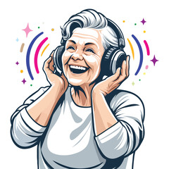 A cheerful grandmother listens to music in headphones, a vector pattern on a transparent background for a stencil.
