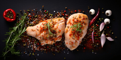 Chicken fillet with spices and herbs at black table. top view
