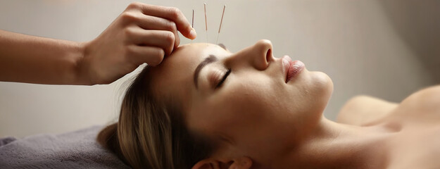 Woman undergoing acupuncture therapy procedure on facial skin in spa salon. Doctor hand with a needle near a girl face.