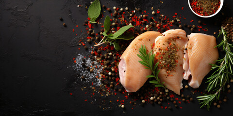 Chicken fillet with spices and herbs at black table. top view - obrazy, fototapety, plakaty