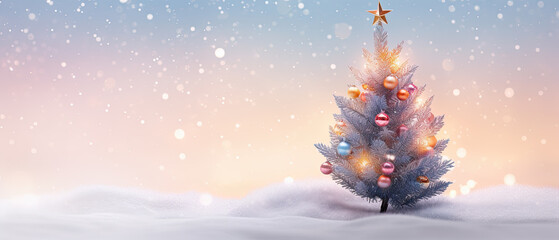 árbol de navidad sobre nieve decorado con bolas y estrella con fondo nevado con bokeh desenfocado - obrazy, fototapety, plakaty