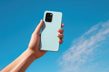 Hand holding a pastel blue smartphone against a vibrant blue sky with soft white clouds