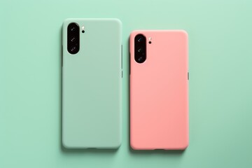 mint and blush pink silicone phone case pair, elegantly laid on a harmonizing pastel teal background