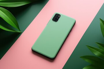 mint green silicone case mockup on a smartphone. The case lies on a pink stripe, flanked by dark green shades and complemented with lush green leaves