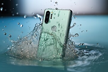 mint green smartphone demonstrates its wate -resistant capabilities amidst dynamic splashes