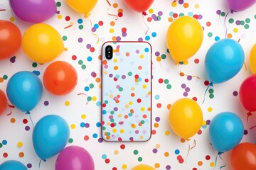 playful phone case with a polka dot design, surrounded by a cheerful array of multicolored balloons and confetti