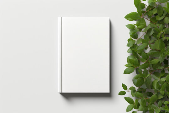 top view of a blank white book mockup on a white background, adorned with fresh green leaves on the side