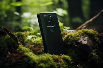 water resistant smartphone stands amidst moss and foliage in a serene forest setting, blurred background - obrazy, fototapety, plakaty