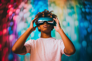 young african american guy with virtual reality glasses on colorful background