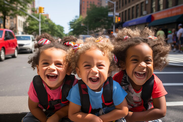 three little african american girls together smiling on the street on a sunny day