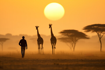 African sunset with the silhouette of giraffes trees and a man walking towards the horizon - obrazy, fototapety, plakaty