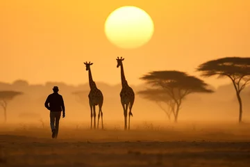 Gordijnen African sunset with the silhouette of giraffes trees and a man walking towards the horizon © Alvaro