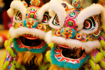 closeup of two traditional chinese dragons celebrating chinese new year