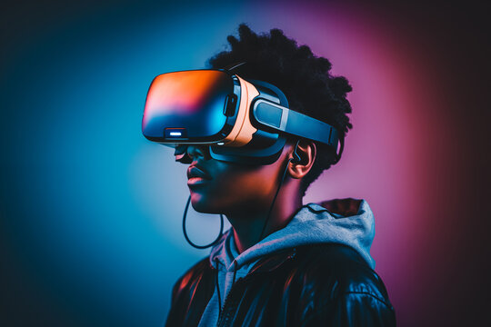 young african american boy with virtual reality glasses on pink and blue background