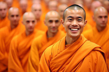 Tibetan monk in his orange robe smiling standing with his companions behind him out of focus - obrazy, fototapety, plakaty