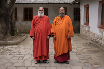 two oriental monks with their typical robes standing in the inner courtyard of a monastery - obrazy, fototapety, plakaty