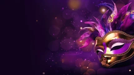 Foto op Canvas Mardi Gras Venetian masks in golden purple green colors background. Festive colorful Carnival Mardi Gras masquerade mask design for banner, greeting card, prints, poster, party invitation, flyer.. © Oksana Smyshliaeva