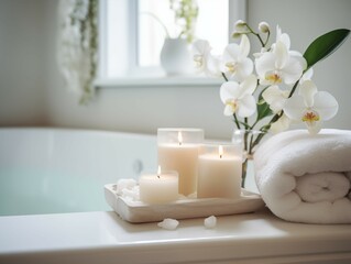 Fototapeta na wymiar Beautifully decorated bathroom tray with flowers and candles, home bathroom interior decor with copy space