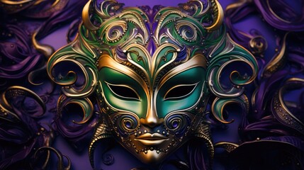 Mardi Gras Venetian masks in golden purple green colors background. Festive colorful Carnival Mardi Gras masquerade mask design for banner, greeting card, prints, poster, party invitation, flyer..