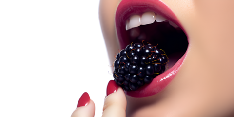Woman smiling mouth with Blackberry fruit, created by generative AI technology